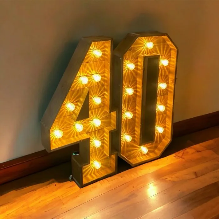 Rustic light up number 40 for a 40th birthday